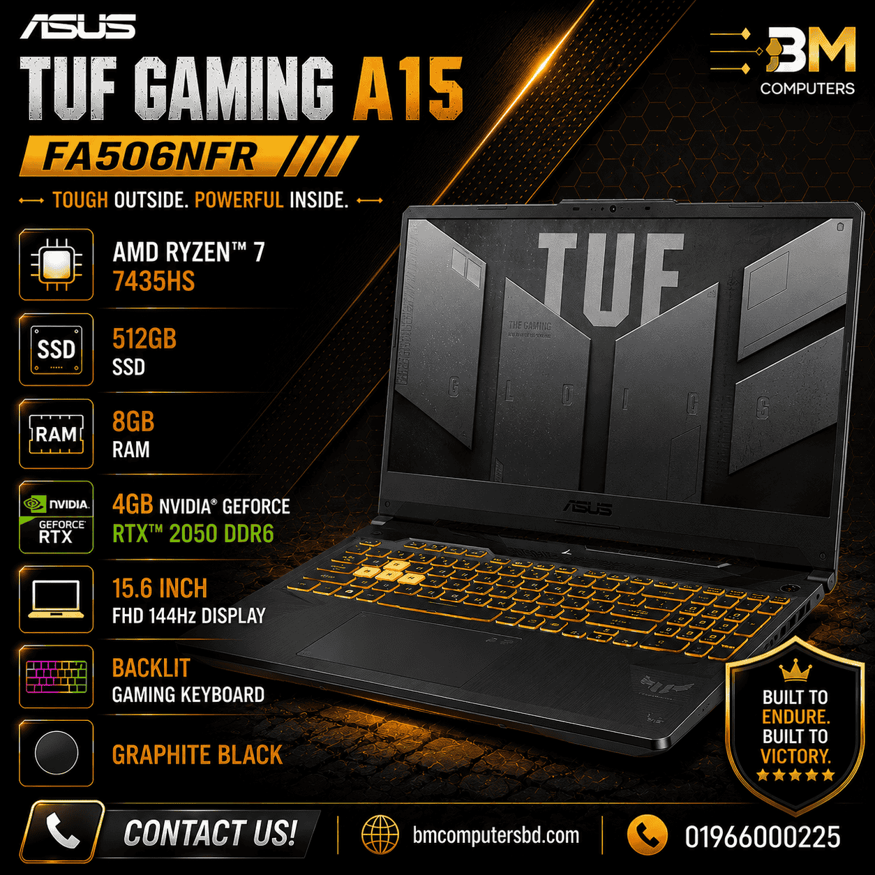 ASUS TUF Gaming A15 FA506NFR ASUS TUF Gaming A15 FA506NFR | AMD Ryzen 7-7435HS | 512GB SSD | 8GB RAM | 4GB NVIDIA RTX 2050 DDR6 Graphics | 15.6 inch FHD 144Hz Display | Graphite Black - Image 1
