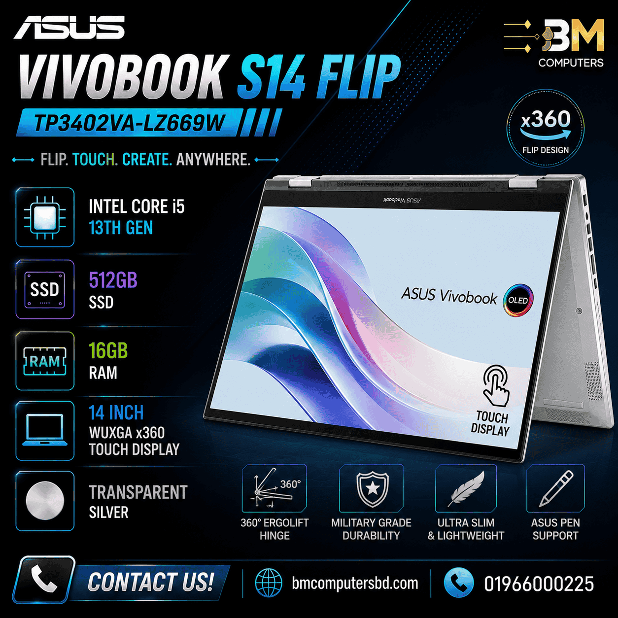 ASUS Vivobook S14 Flip TP3402VA-LZ669W ASUS Vivobook S14 Flip TP3402VA-LZ669W | Intel Core i5-13th Gen | 512GB SSD | 16GB RAM | 14 inch WUXGA x360 Touch Display | Transparent Silver - Image 1