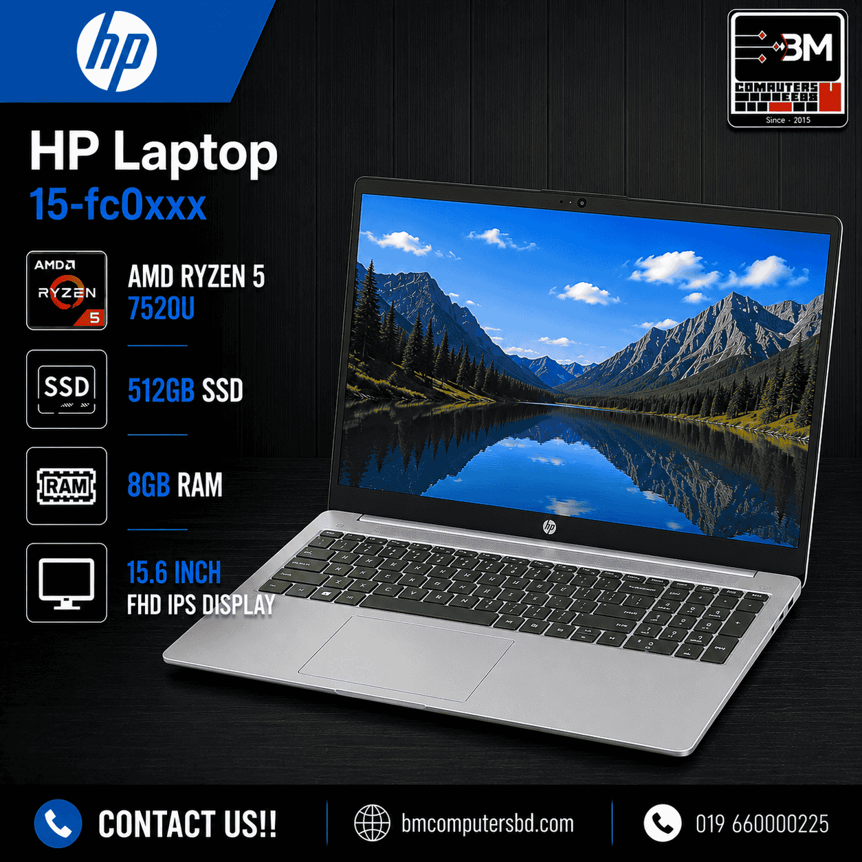 HP Laptop 15-fc0xxx HP Laptop 15-fc0xxx | AMD Ryzen 5-7520U | 512GB SSD | 8GB RAM | 15.6 inch FHD IPS Display - Image 1